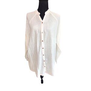 Lacey Chabert Women White Soft Waffle Button-Up Tunic Pink Stitching L Cotton